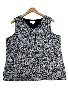 Christopher & Banks Womens All-Over Print Crinkle V-Neck Tank Top Size XL Black